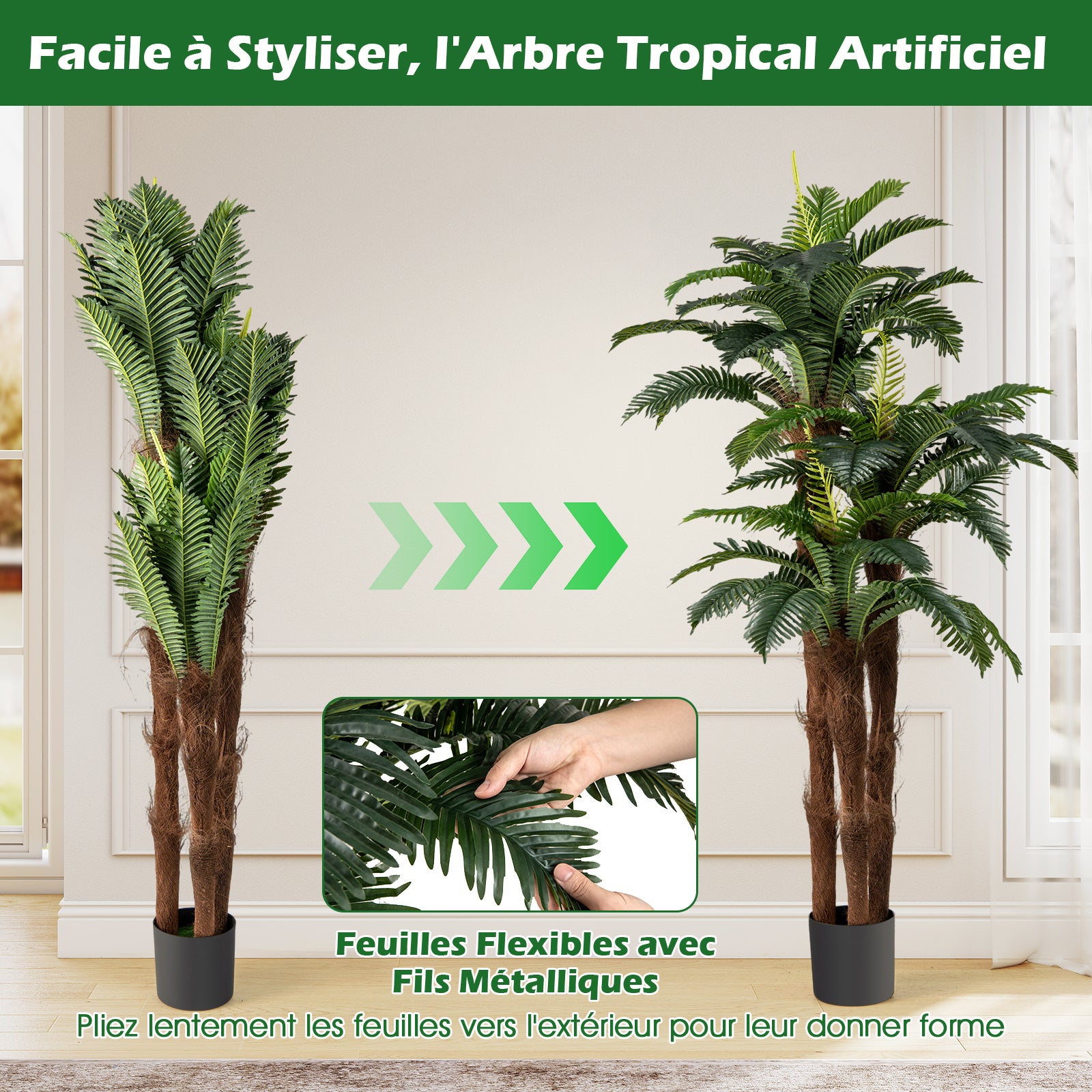 Lot de 2 Palmiers Artificiels de 191 cm, Faux Arbre Tropical en Pot avec 48 Feuilles Ajustables 3 Troncs Réalistes & Mousse, Décoration Moderne - 8