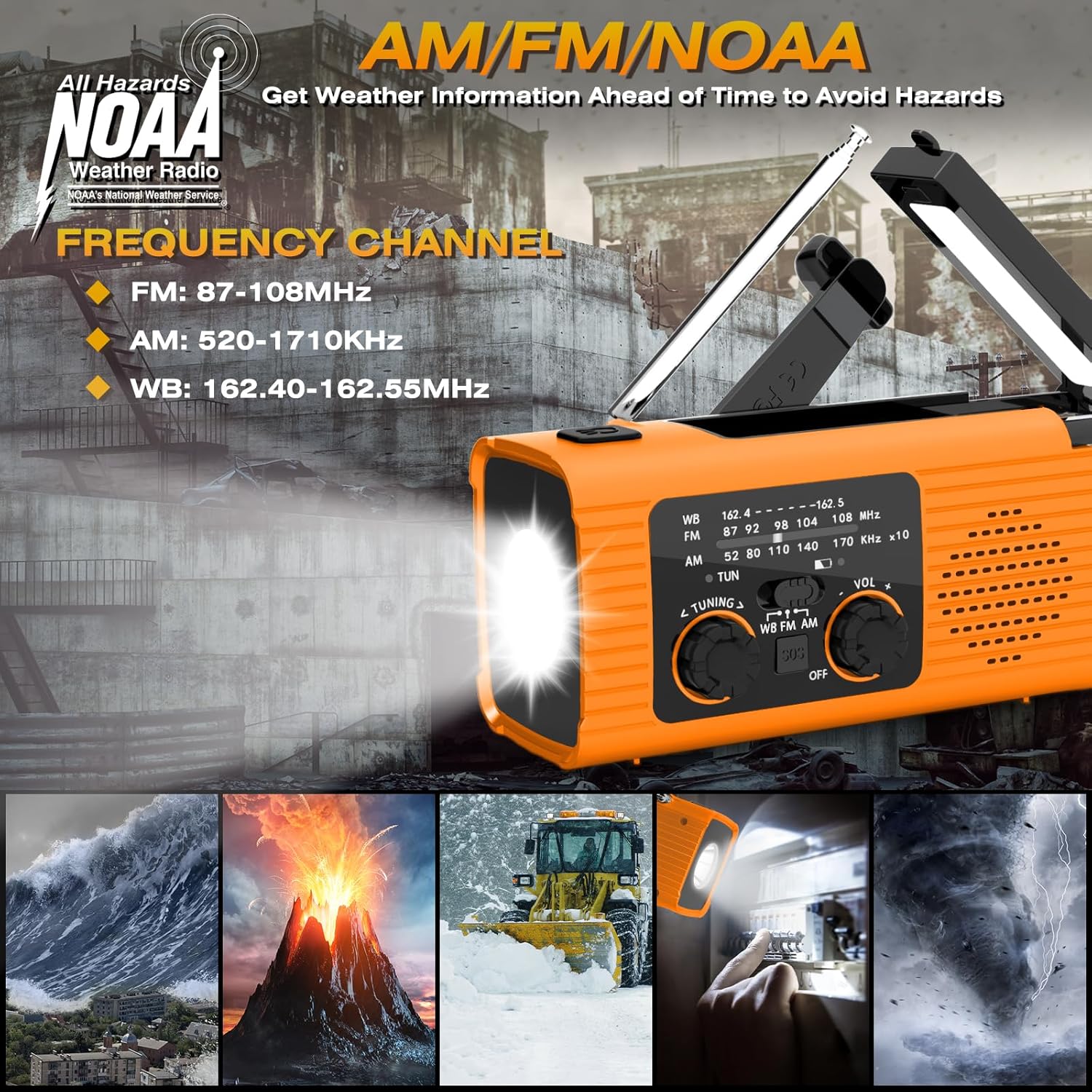 Radio meteorologica di emergenza NOAA, 2000 mAh, ricaricabile a energia solare, manovella e USB, AM/FM, torcia a LED, luce di lettura, allarme SOS, ar - 3