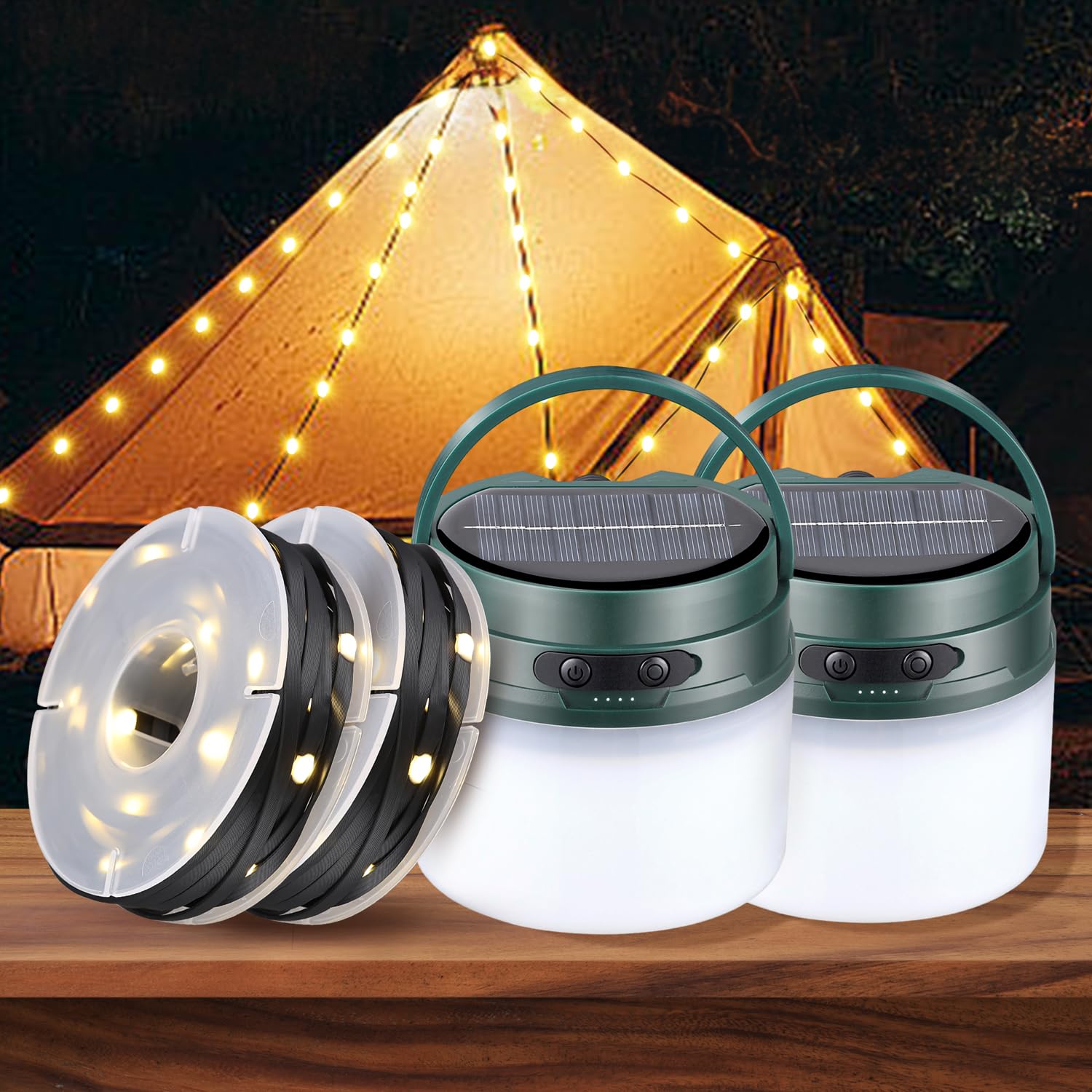 Zestaw 2 solarnych lamp kempingowych z girlandą świetlną, ładowalna lampa kempingowa o pojemności 3600 mAh z 3 trybami, wodoszczelna lampa namiotowa