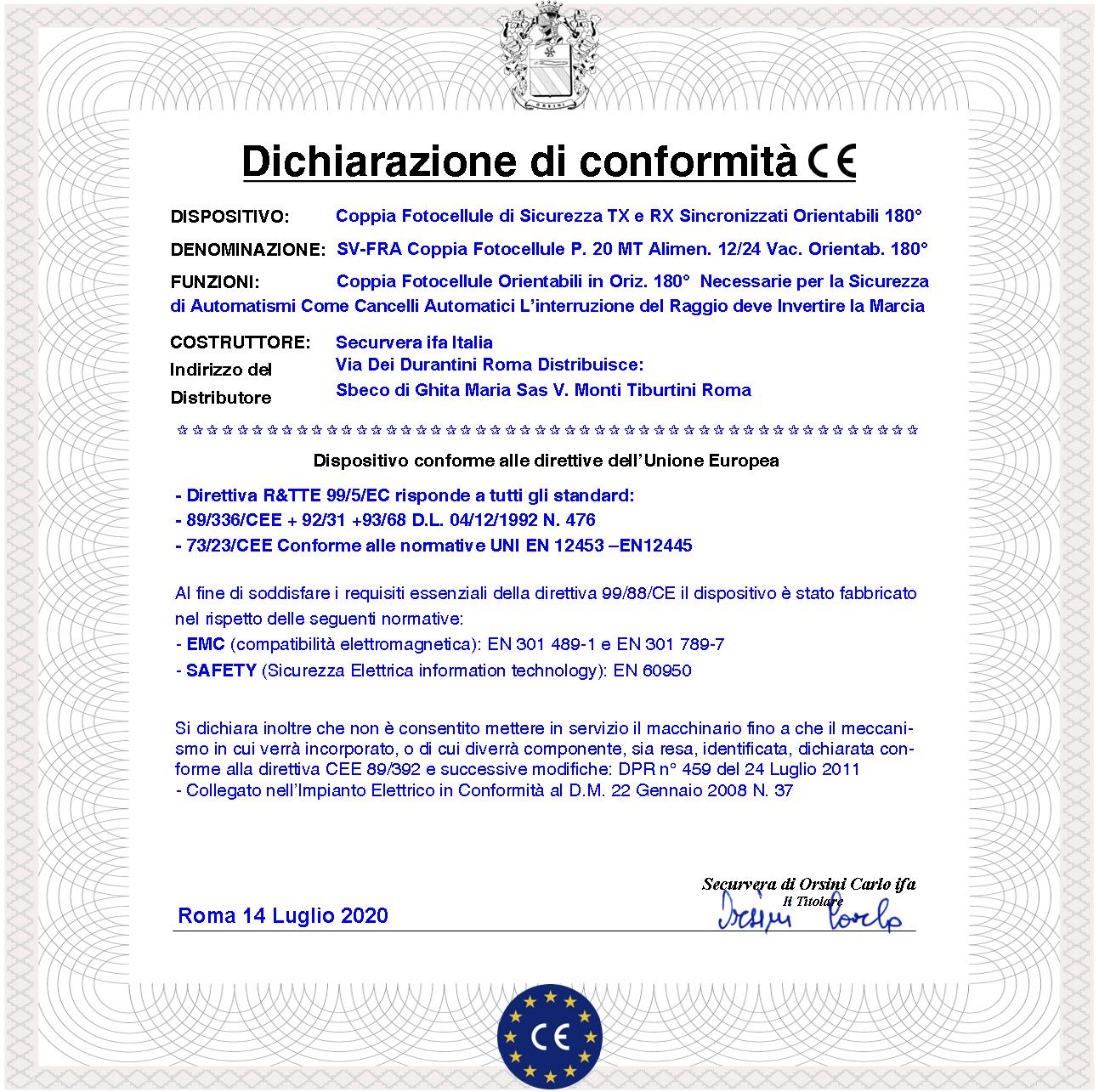 Coppia Fotocellule Orientabili 180° Orizzontale Portata 20 Metri Lineari Controllo e Sicurezza Automazione Cancello Montaggio a Parete Alimentazione 1 - 3