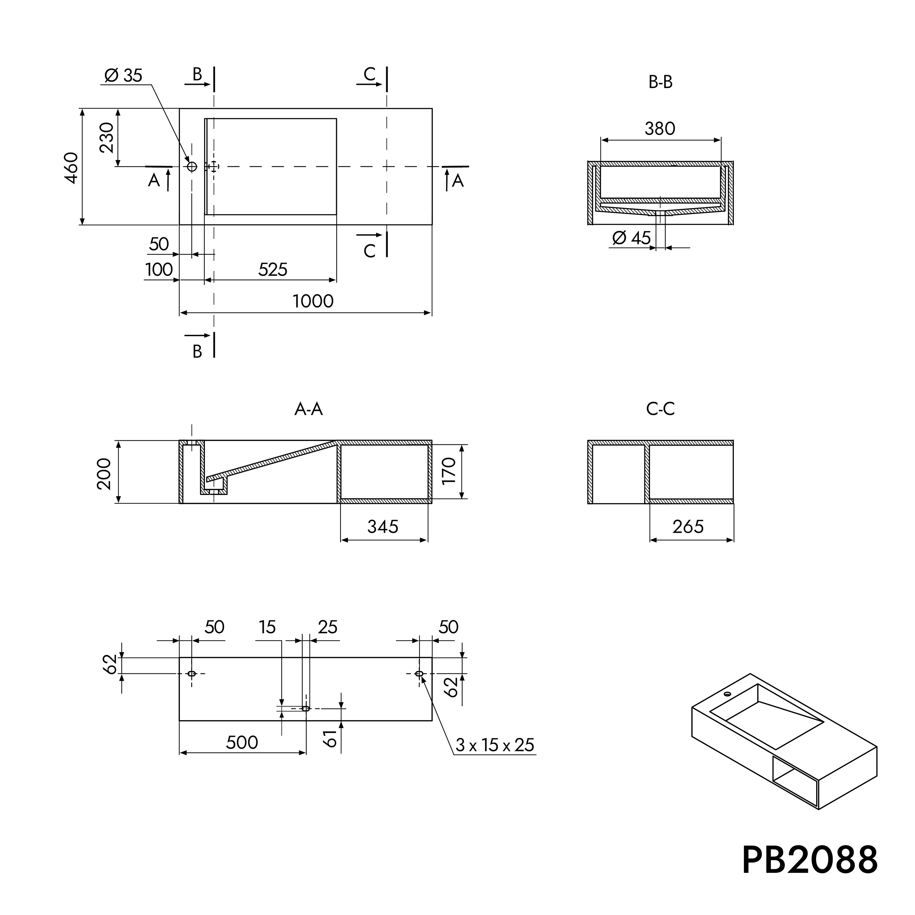 Bernstein Umywalka nablatowa/ścienna PB2088 odlew mineralny - biały mat - 6