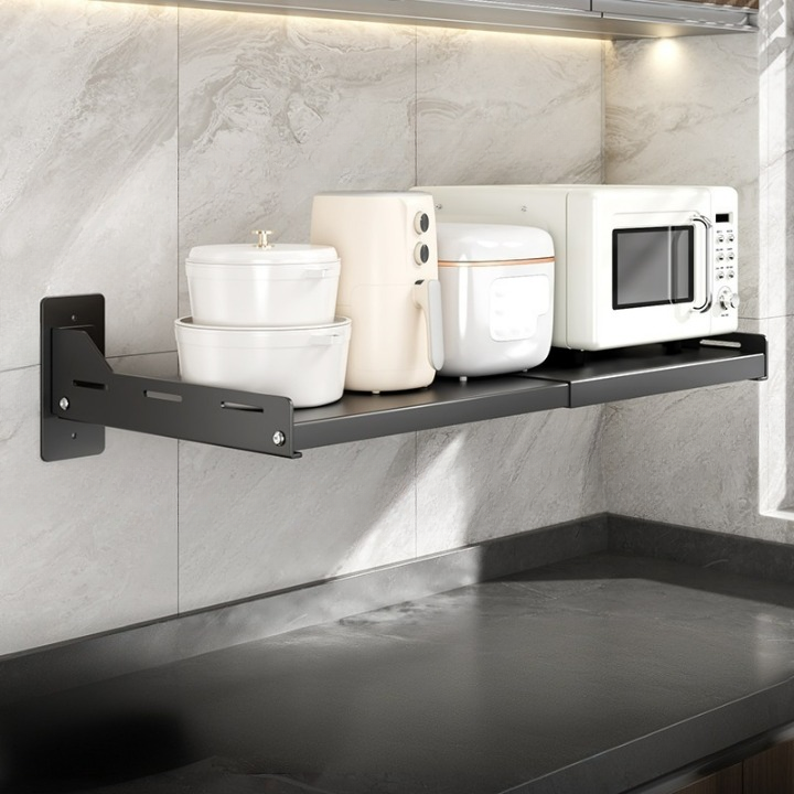 Rozszerzalna półka kuchenna do mikrofalówki, montaż bez wiercenia, montaż ścienny do piekarnika, (36,5-60)*34*15,7 cm, kolor czarny