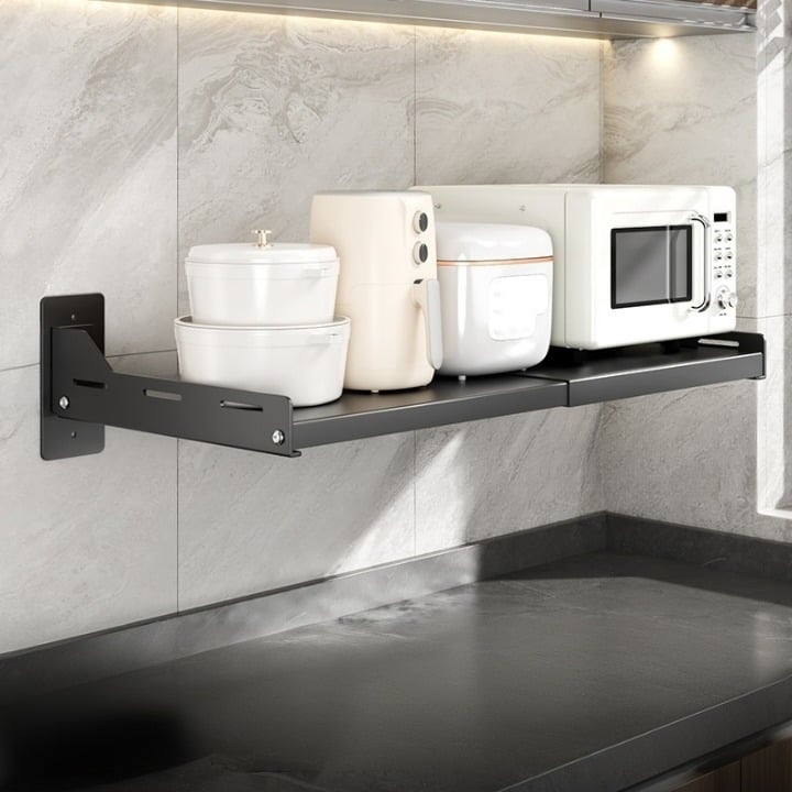 Rozszerzalna półka kuchenna do mikrofalówki, montaż bez wiercenia, montaż ścienny do piekarnika, (36,5-60)*34*15,7 cm, kolor czarny