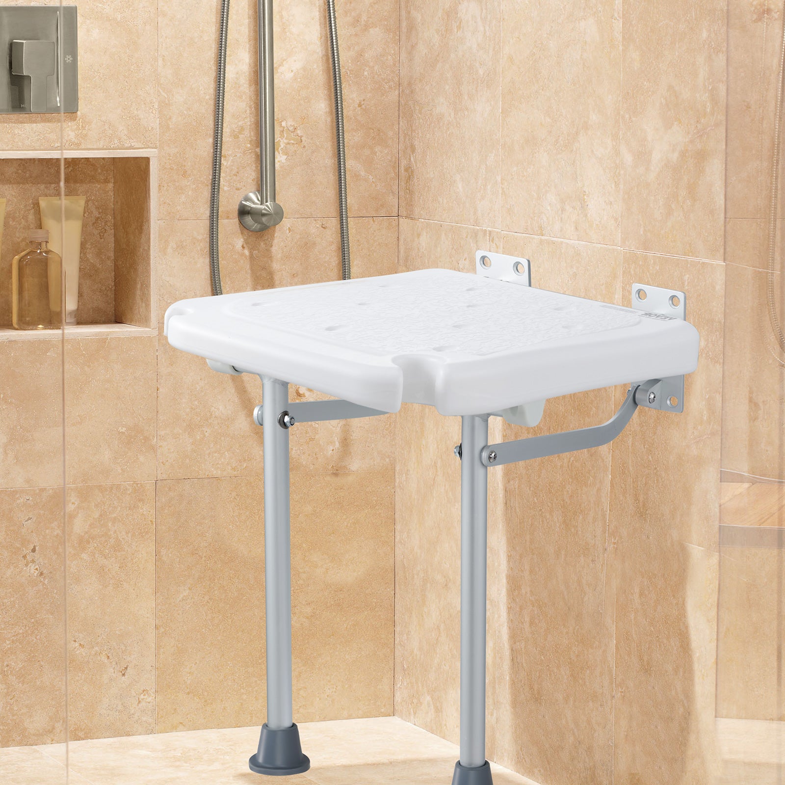 Asiento de ducha plegable de PE,expansión VEVOR 40x37,5 cm,taburete de ducha montado la pared,capacidad de carga de 500 libras,ahorro de espacio - 8