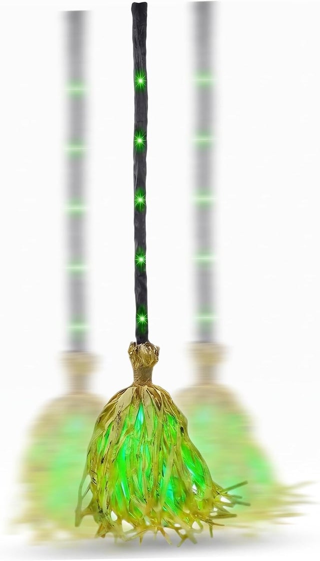 Escoba de bruja animada de Halloween (35 animatrónicos) con efectos de movimiento, sonido y luz.