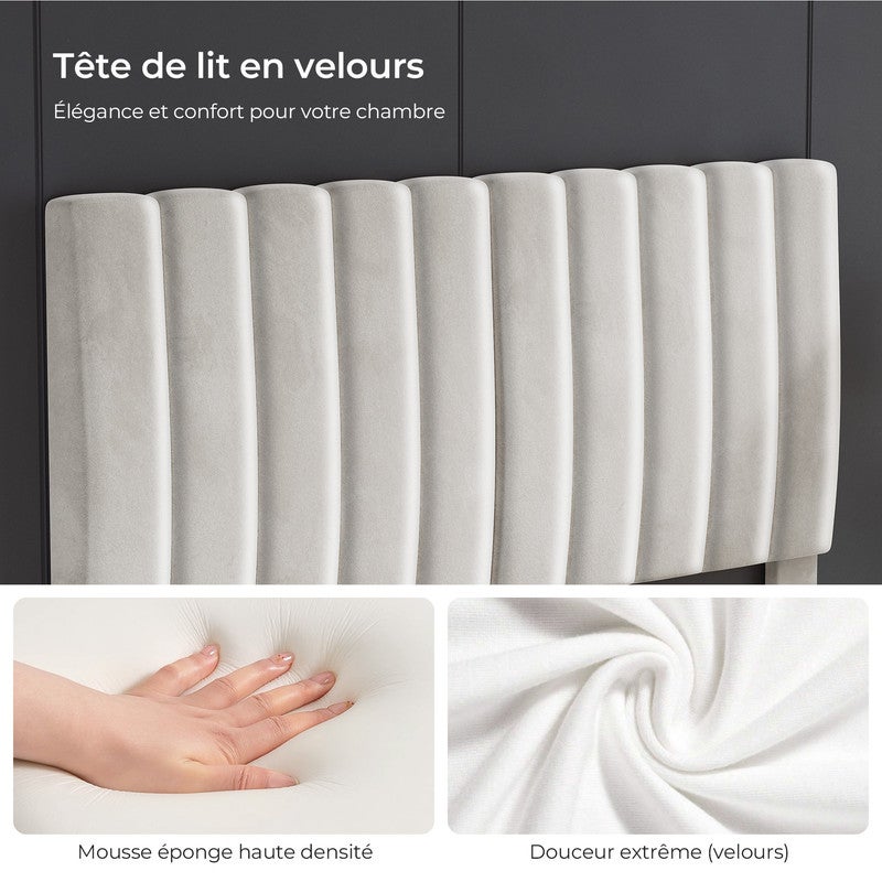 Lit 160x200 cm HavenlyHome, Lit Capitonné en Velours avec Tête de Lit et Sommier à Lattes, Lit Adulte pour 2 Personnes, Beige - 2