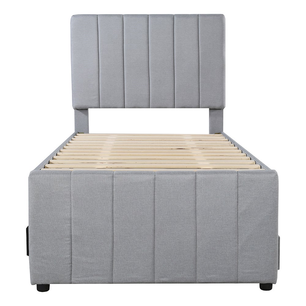 Lit simple 90 x 200 cm avec Lit gigogne 90 x 190 cm - 3 tiroirs - Tête de lit réglable - Tissu en lin - Gris - 5