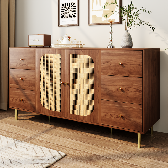 Credenza con 2 ante in rattan e 6 cassetti - 160 x 40 x 90 cm - Legno MDF e gambe in metallo dorato - Per la cucina, la casa - Marrone
