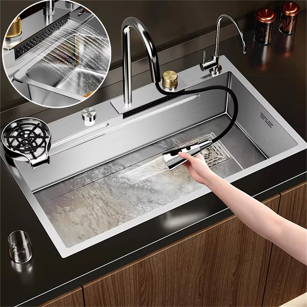 Bextcok fregadero de cocina multifuncional de acero inoxidable con efecto cascada, 68x45 cm, incluye grifería, encimera de doble capa, lavavasos tabla