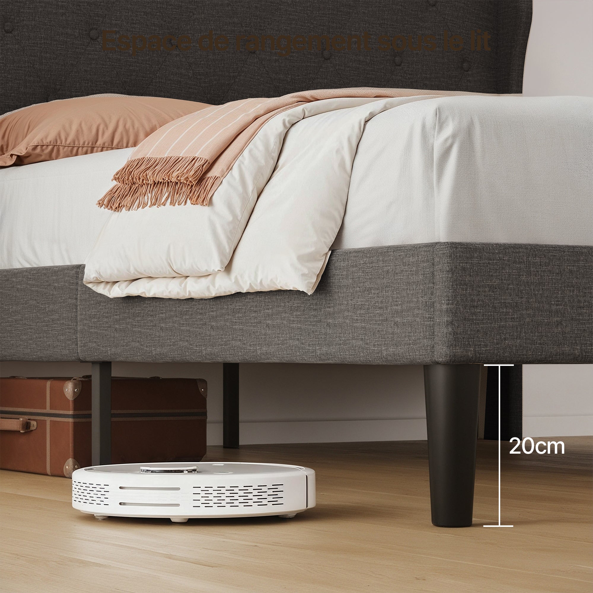 Bealife Lit 140 x 200 cm Lit Simple Structure de Lit Lit Rembourré Lattes en Bois de Spin 20 cm de Rangement Gris Foncé - 4