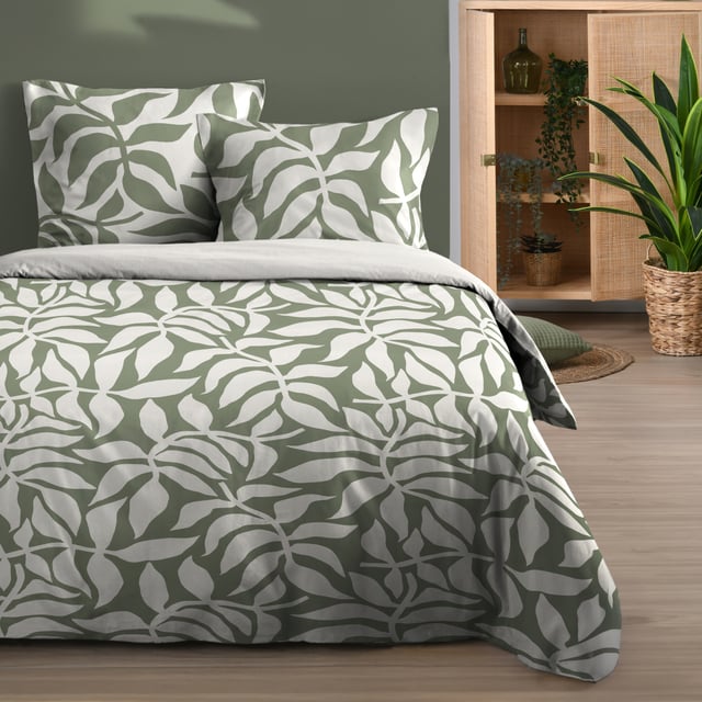 Parure de lit feuillage graphique contemporain - Vert - 240x220 cm - Coton