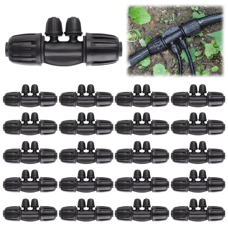 Zestaw 20 złączek trójnikowych z blokadą i zadziorami, 1/2 cala do 1/4 cala do nawadniania kropelkowego