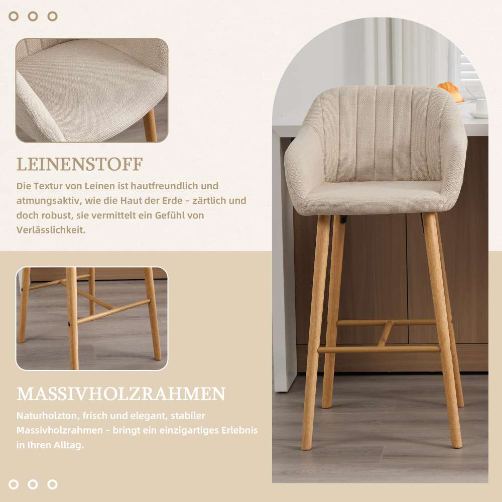 Tabouret de bar moderne vert en lin avec dossier haut et accoudoirs, pieds en bois, lot de 2, style européen pour cuisine ou îlot - 2