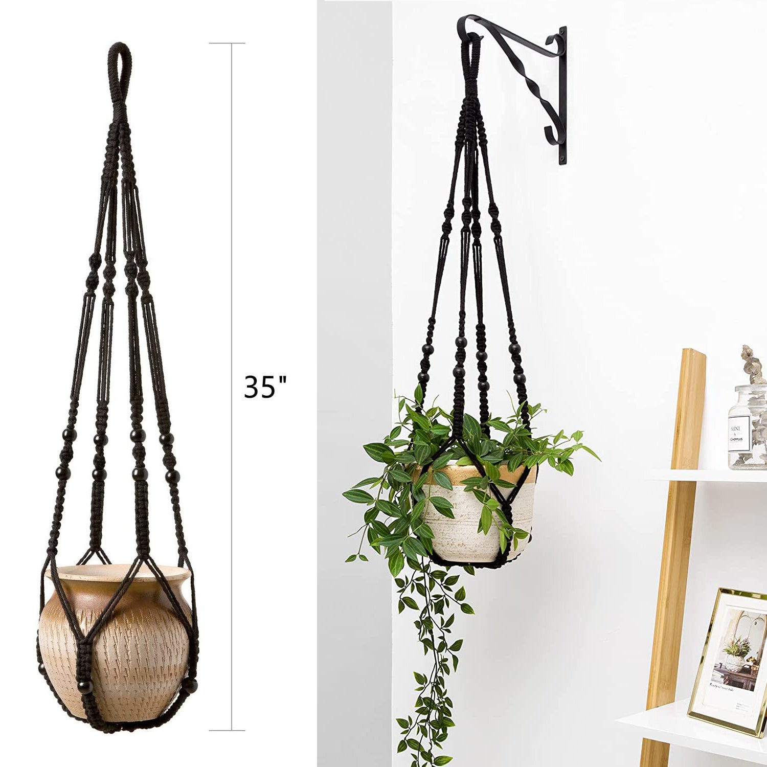 Conjunto de 2 cabides de macramé para plantas de interior, cesto suspenso com contas, 35 polegadas, preto - 2