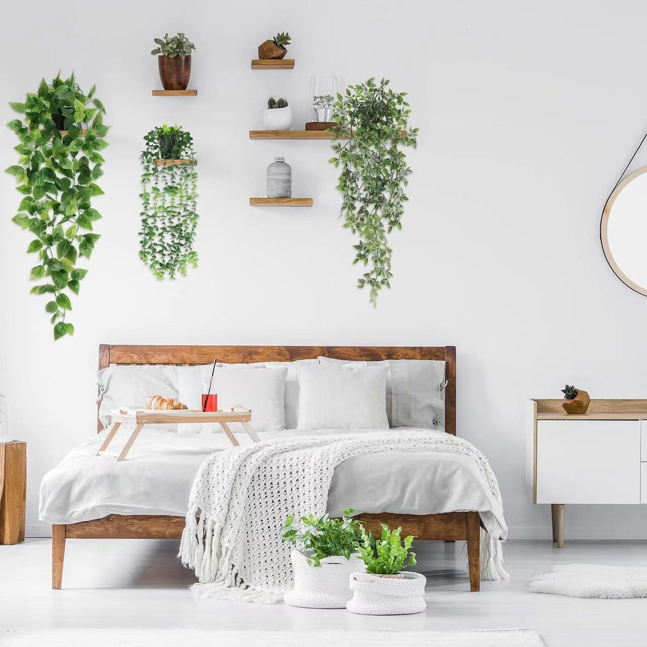 Ensemble de 4 plantes artificielles suspendues d'intérieur et d'extérieur, décoration de plantes vertes en pot, mandala, eucalyptus, pothos, pois - 3