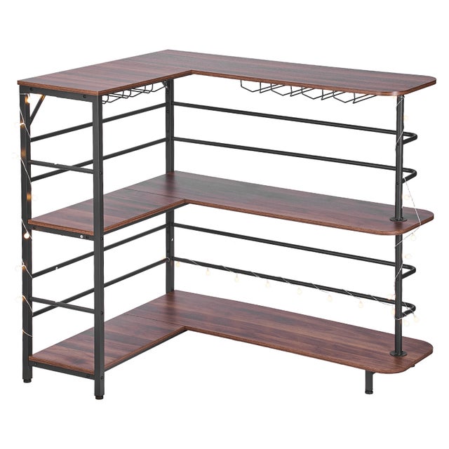 Meuble bar d’angle SucceBuy avec 3 niveaux, Table de bistro equipee d’etageres pratiques et eclairage LED, finition noyer avec structure metallique