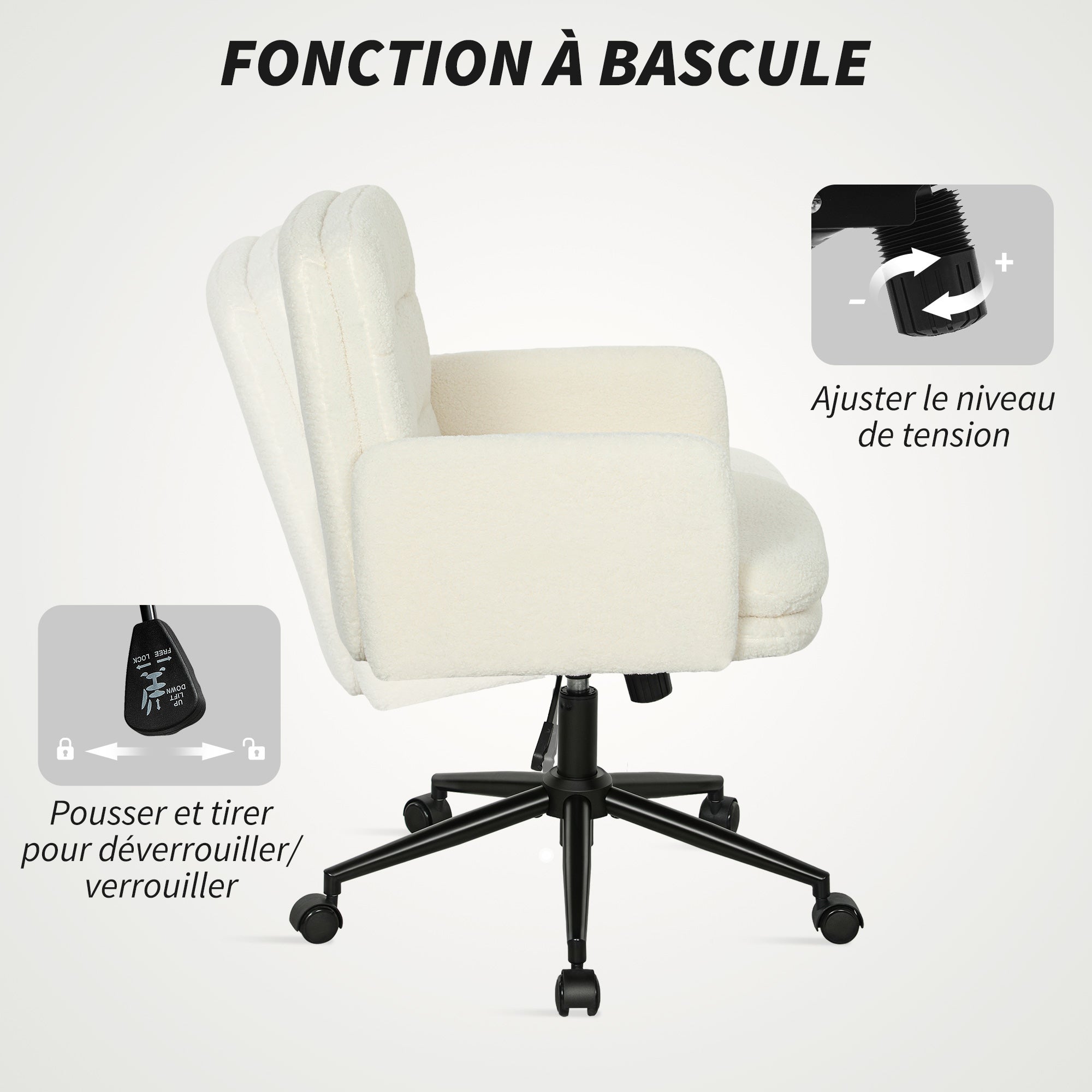 Chaise de bureau, fauteuil de bureau pivotante avec hauteur réglable, fonction de bascule, 61,5 x 65 x 91-101 cm, crème - 6