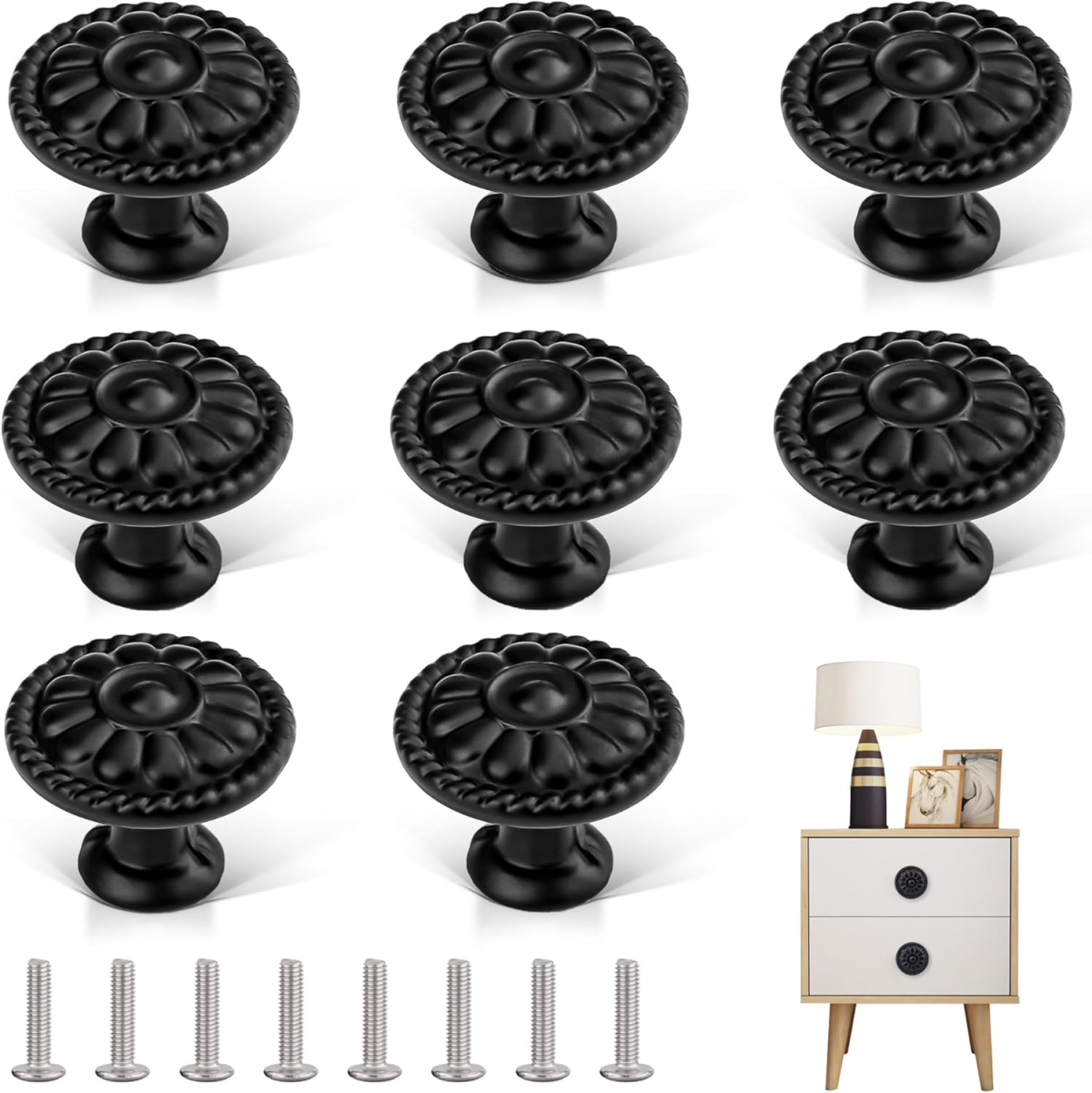 Set de 8 mânere pentru mobilă: Mâner rotund negru pentru ușă, Mânere rotunde vintage pentru sertare, Mânere pentru mobilă 8buc