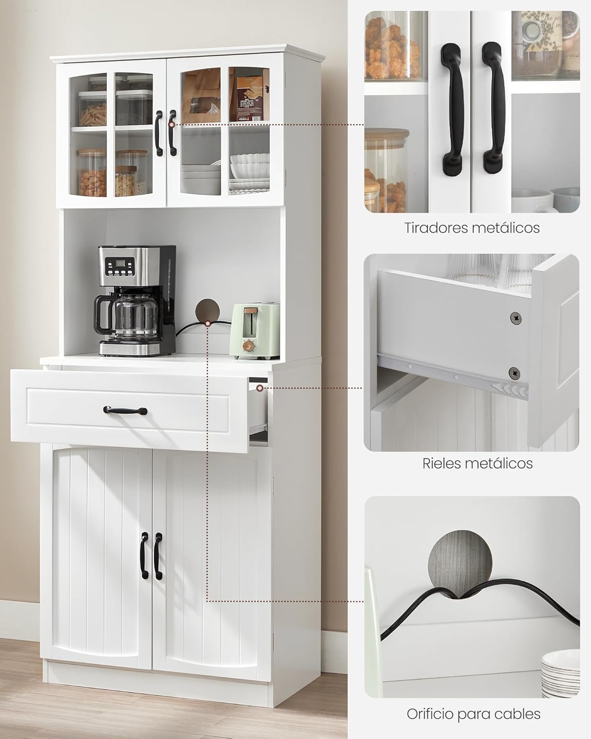 Armario Alto, Armario de Cocina con Puertas de Cristal y Estantes Ajustables, Cajón, Orificio para Cables, para Microondas, Estilo Moderno, Blanco - 4