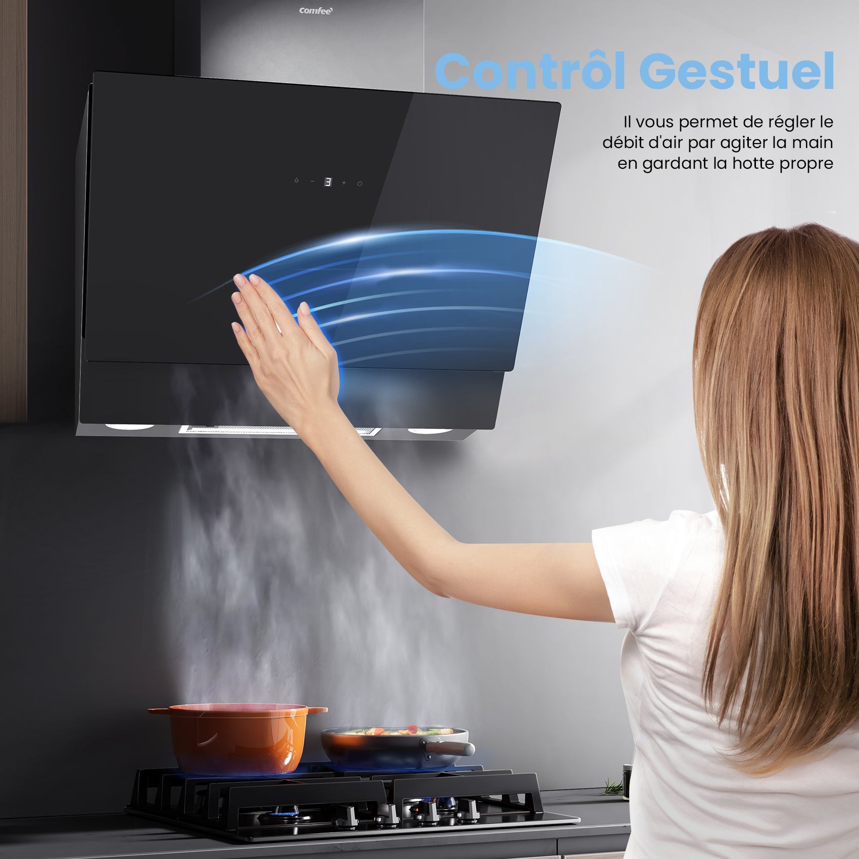 COMFEE Hotte Aspirante Inclinée 60cm - 650m³/h - Classe A+++ - Commandes Gestuelles - 4 vitesses - 2*1.5W LED - 2 Filtres - Verre Noir - 3