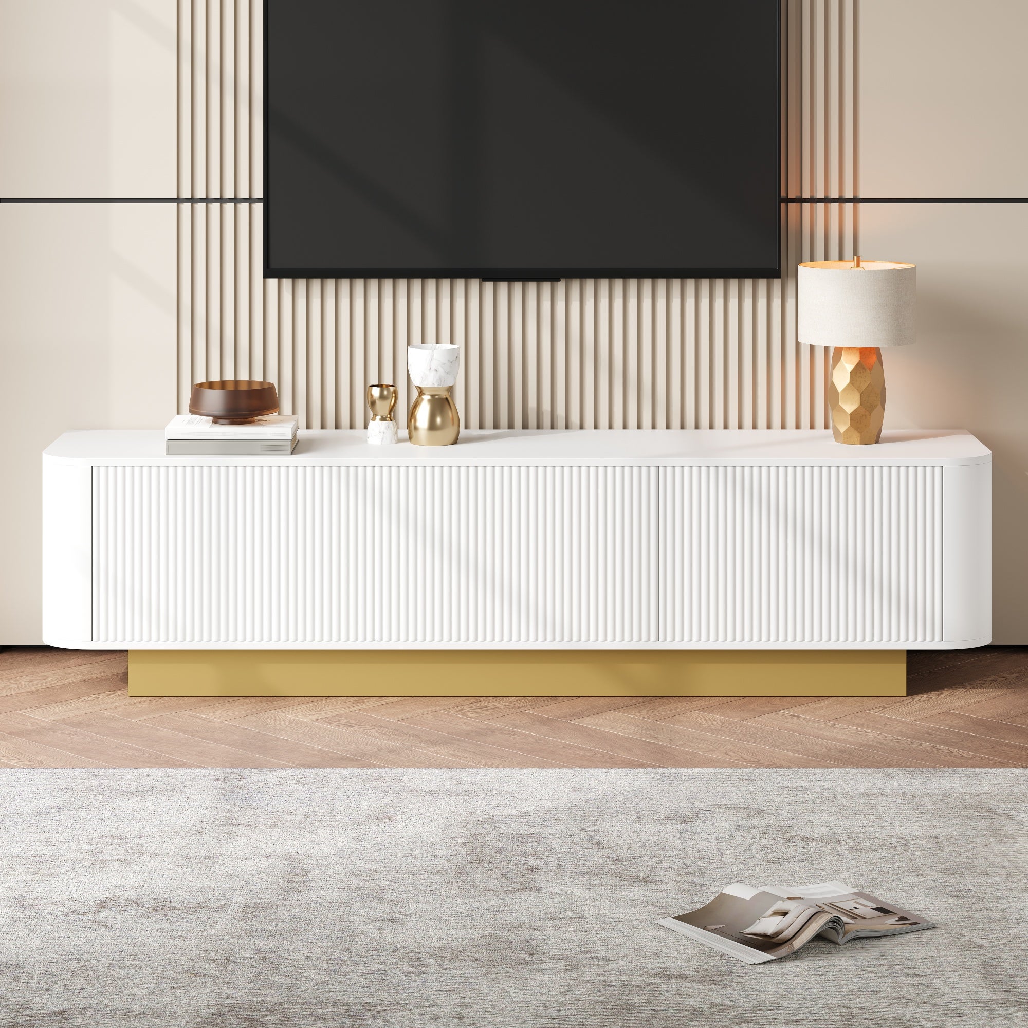 Nowoczesna szafka pod telewizor z 3 drzwiami - 170 x 40,5 x 47 cm - Zaokrąglone narożniki - Płyta wiórowa + MDF - Biała