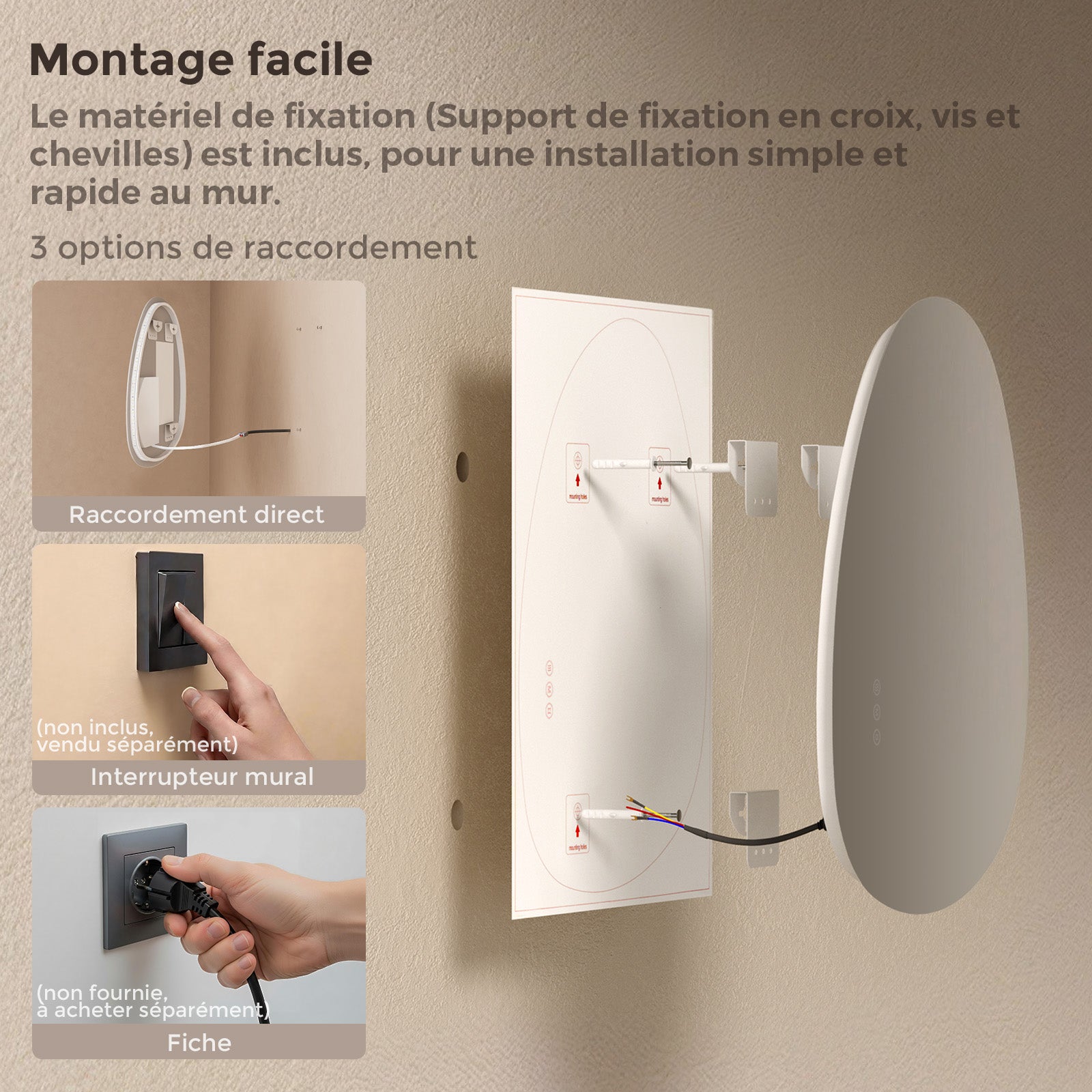 S'AFIELINA Miroir lumineux 60 × 45 cm Asymétrique 3 couleurs de lumière et luminosité ajustable - 9