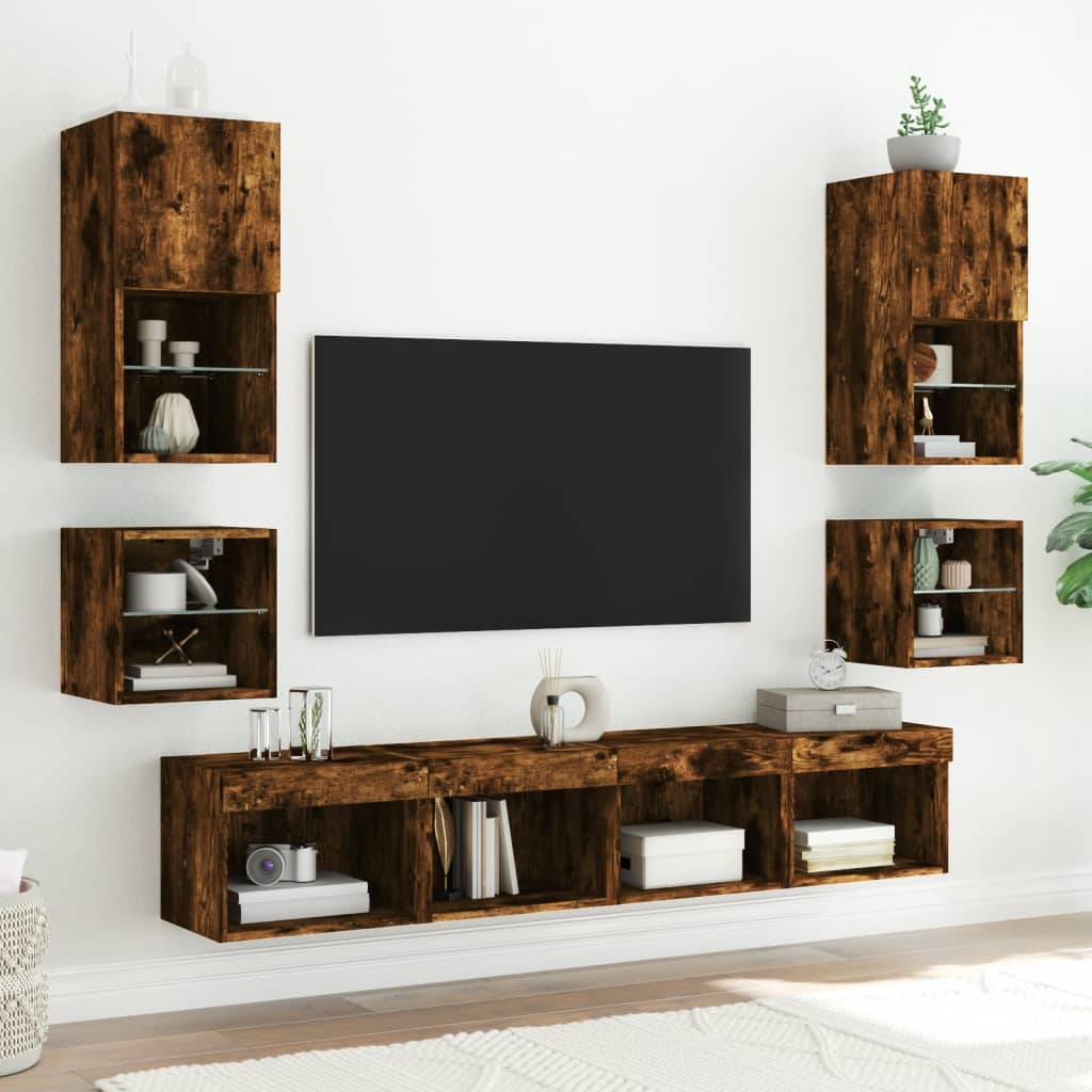 vidaXL Meuble TV mural avec lumières LED chêne fumé 30x28,5x30 cm - 5