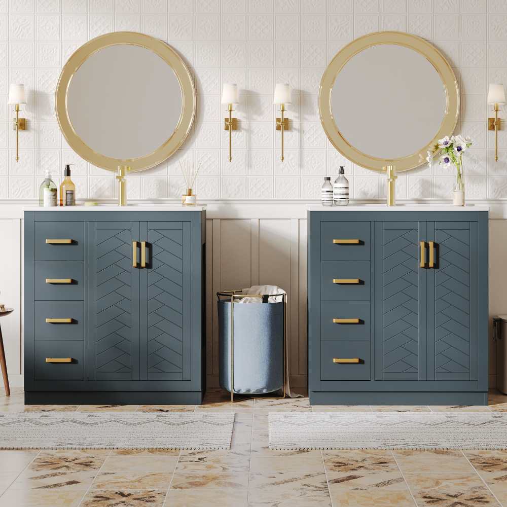 Mueble lavabo con 3 cajones y estantes laterales, almacenamiento inteligente, bisagras soft-close y lavabo de cerámica práctico