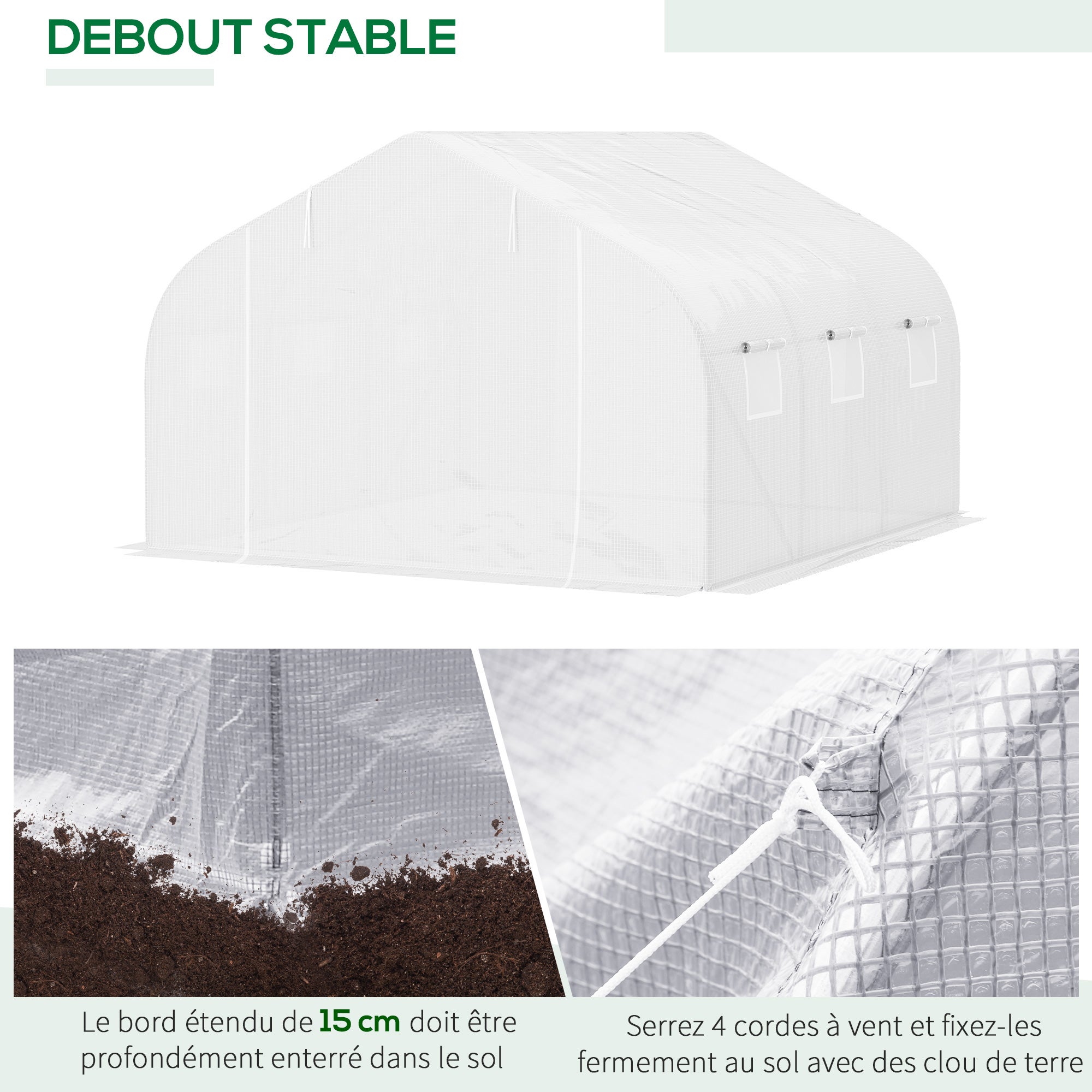 Serre Tunnel de Jardin 10,5 m² dim. 3,5Lx3lx2H m Porte + 6 fenêtres enroulables Acier galvanisé bâche PE Haute densité Blanc - 7