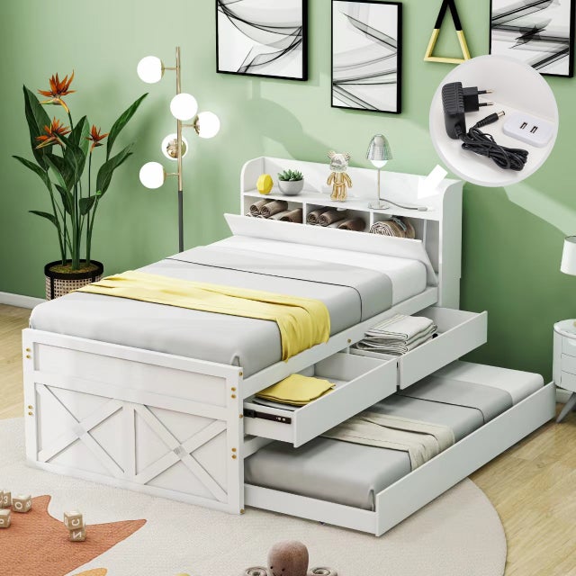 Cama nido de madera maciza - 90x190cm - con 2 cajones y puerto de carga USB en el estante - Blanco