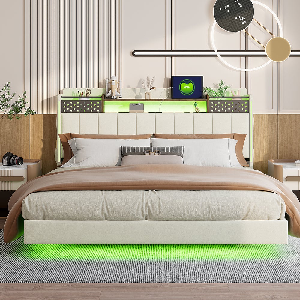 Lit adulte Lit 160x200 cm Lit double avec éclairage LED et rangement ...