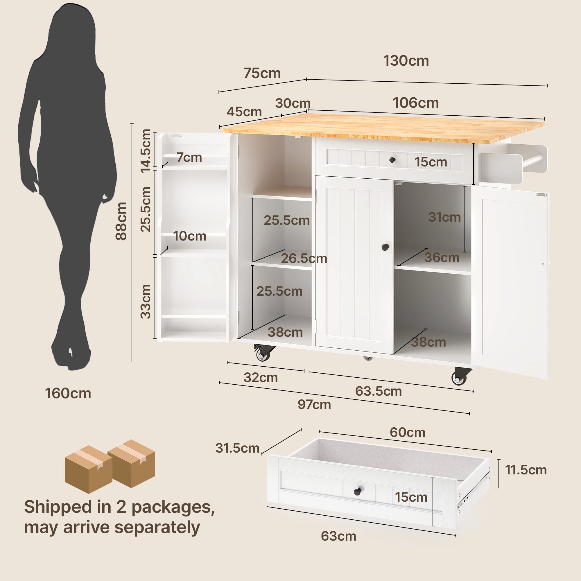 Ilha de cozinha móvel com 3 portas e 1 gaveta, tampo extensível 130x45(75)x88 cm, MDF branco e natural, Bealife - 3