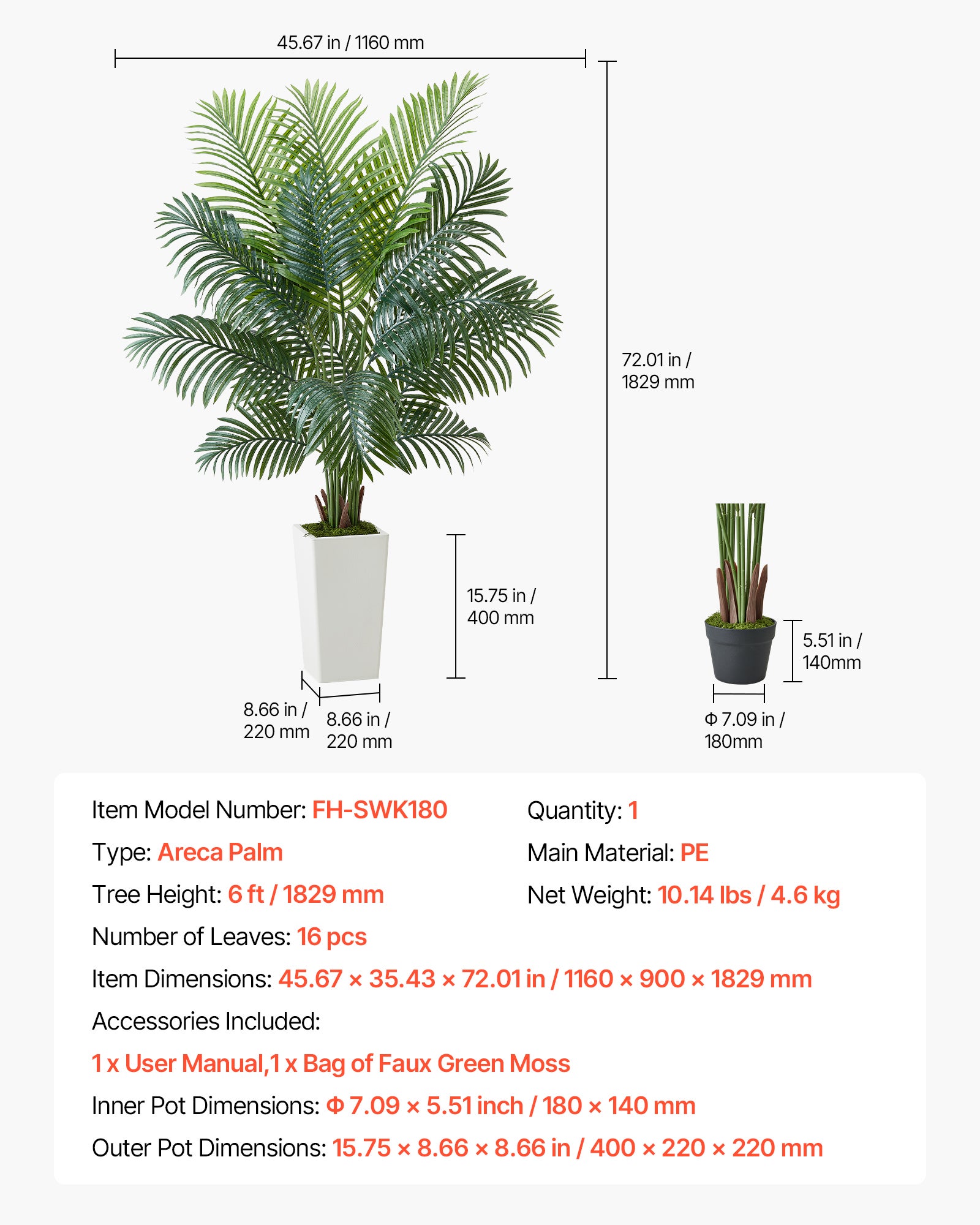 Palmier Artificiel Areca VEVOR, 1,8 m, Plante Artificielle Tropicale en Pot Blanc, pour Décoration d'Intérieur, Salon, Bureau, Intérieur et Extérieur - 7