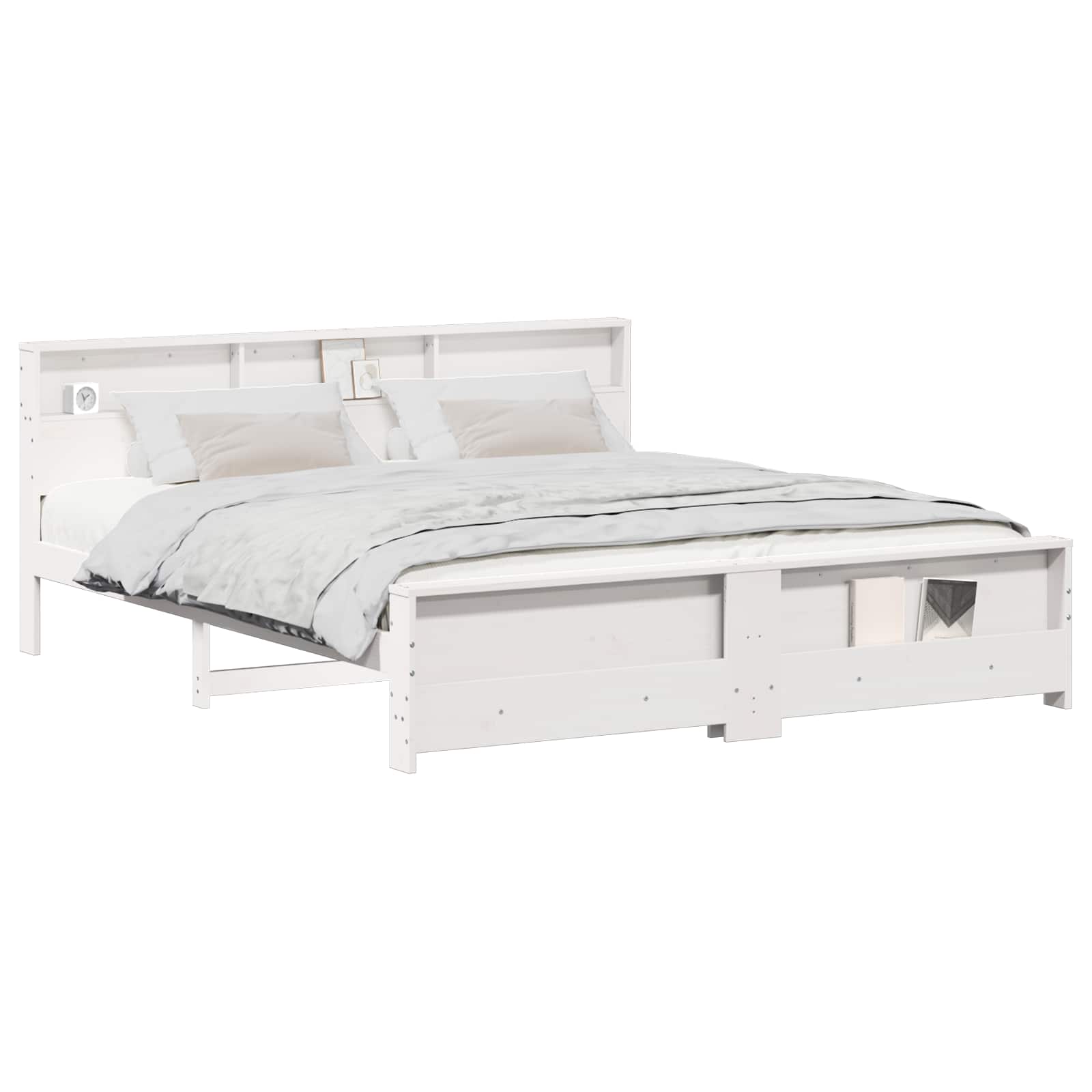 Cadre de lit avec étagère, en pin massif, blanc, pour la chambre, 200 × 200 cm - 2