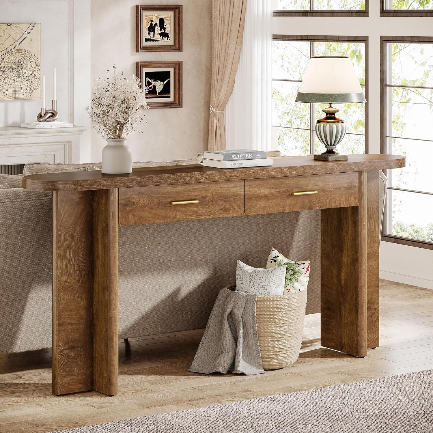 Tribesigns Console 160 cm avec 2 tiroirs - Style fermier élégant et rangement pratique, plateau ovale courbé - 6