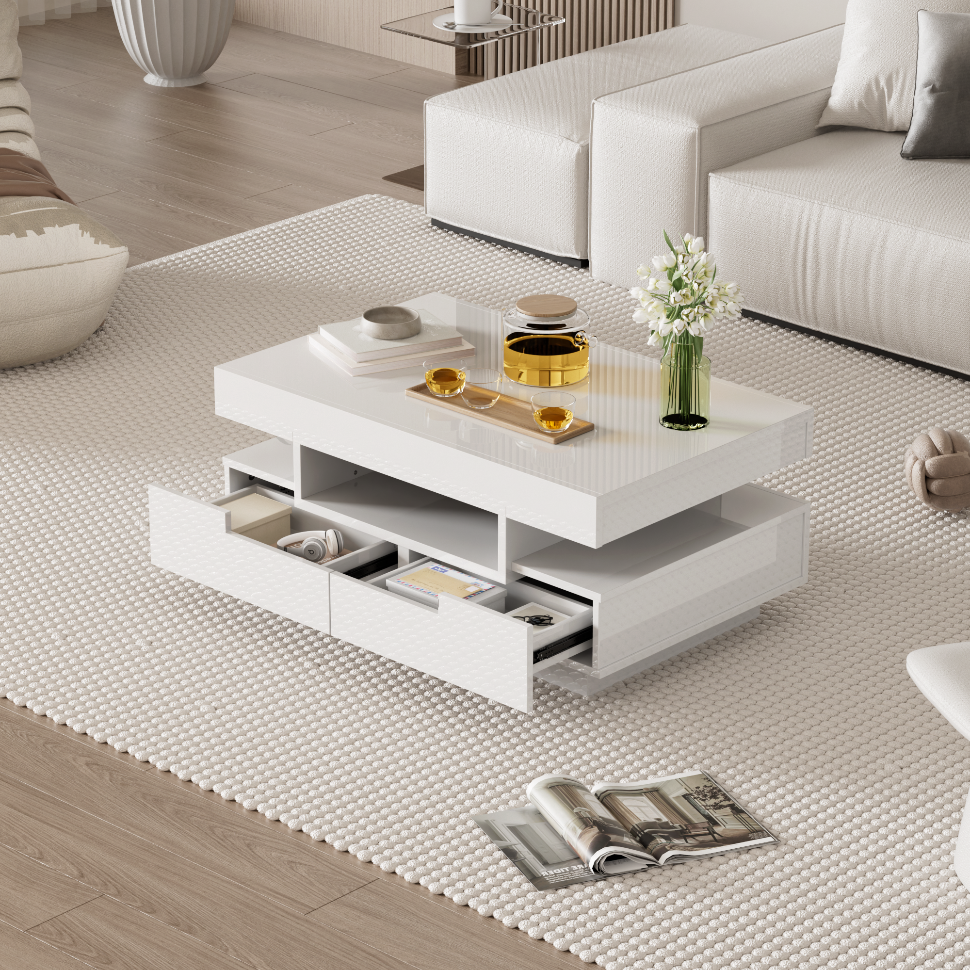 Table basse 80x50x36 cm, surface brillante, bande LED réglable, 4 ...