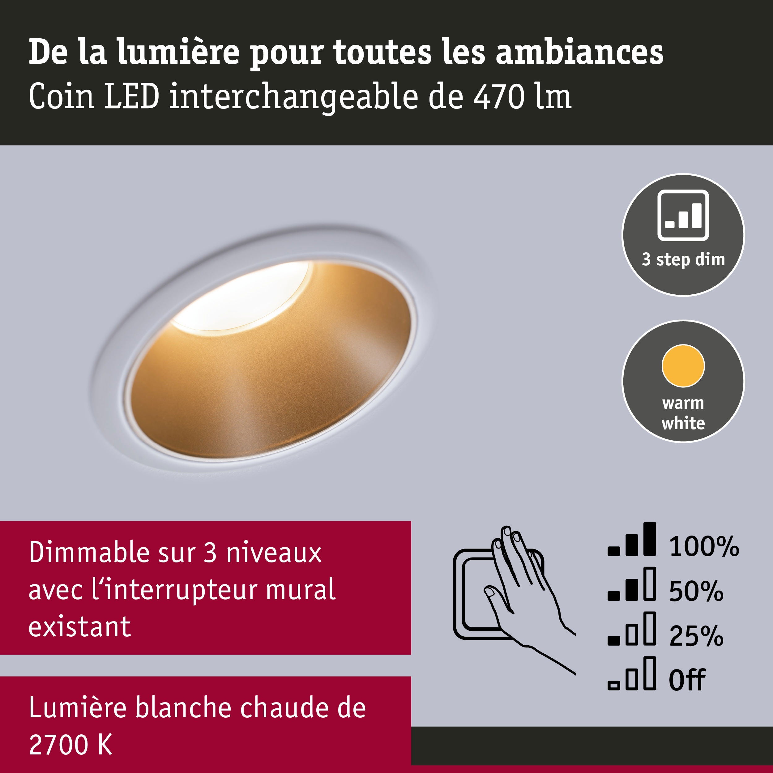 Spot encastré LED 3-Step-Dim Cole Coin Kit de 3 IP44 rond 88mm Coin 3x6W 3x460lm 230V gradable 2700K Blanc#Doré mat - 5