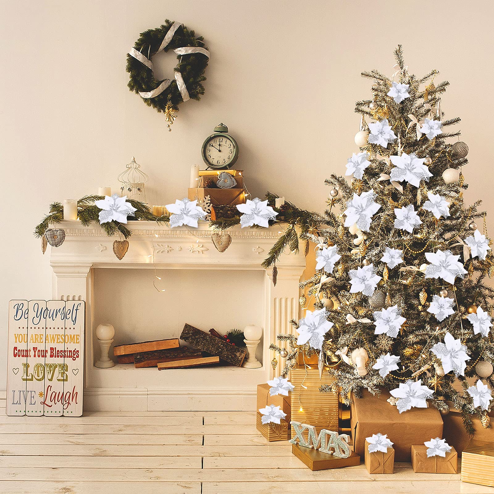 Lot de 50 décorations de Noël, fleurs artificielles scintillantes avec clips, décorations pour sapin de Noël, pendentifs de fleurs artificielles - 2