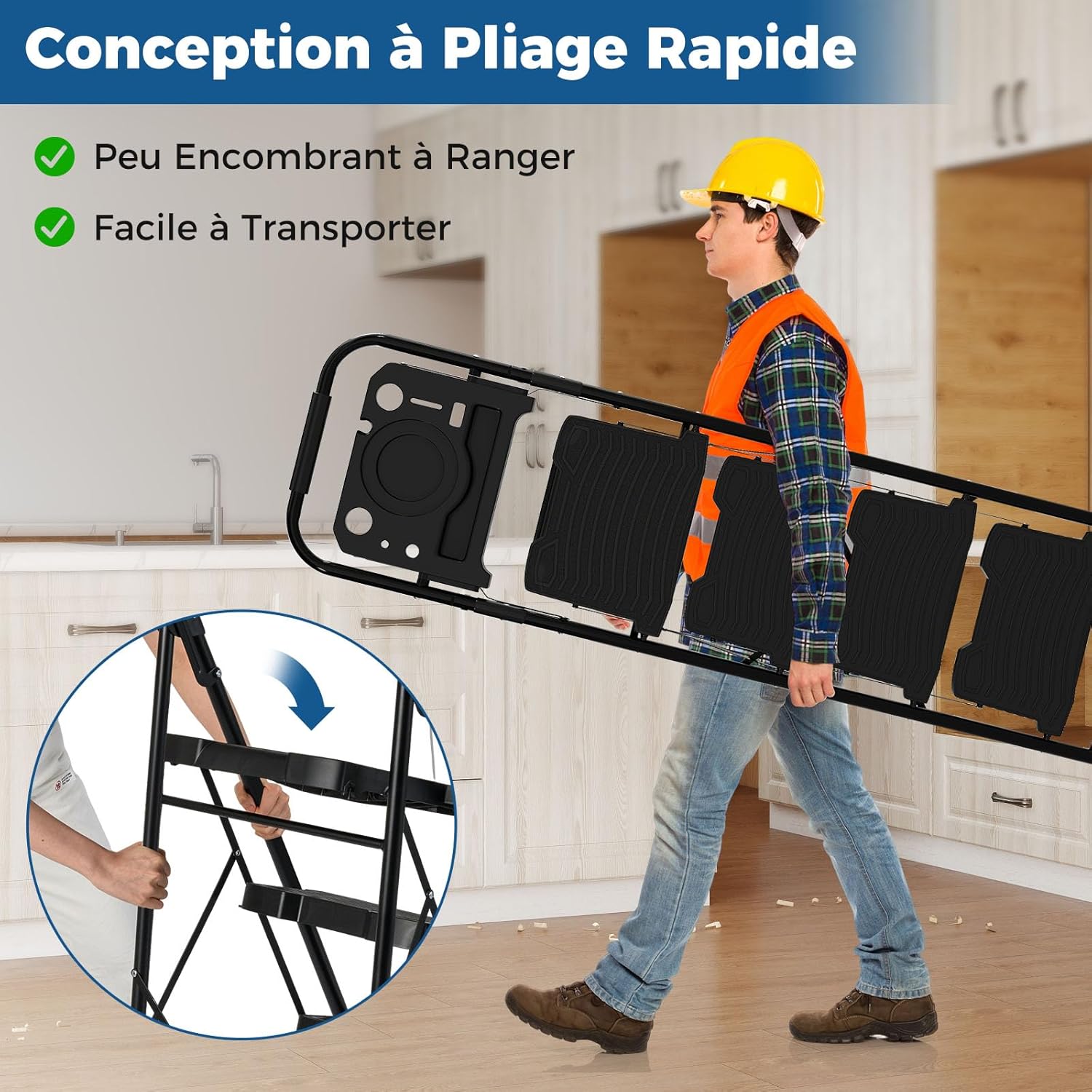 Escabeau Métallique 4 Marches avec Plateau Porte-Outils, Échelle Pliante avec Pédales Larges Antidérapantes Patins, Charge 150KG - 7