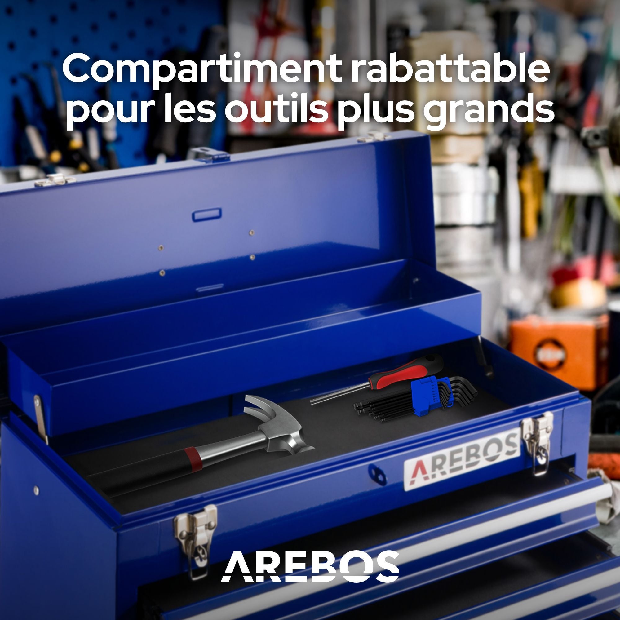 AREBOS Boîte à outils avec 3 tiroirs et 2 compartiments de rangement Bleu Poignée de transport et fermetures à pression Coffret à Outils Tapis - 5