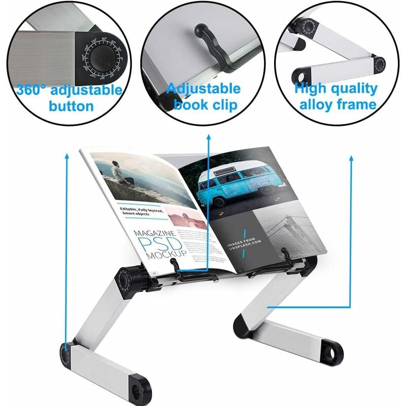 Support de livre réglable, hauteur et angle réglables, support de livre ergonomique avec trombones - 3