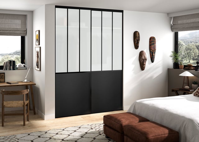 Pack de 2 Portes de placard coulissantes, décor atelier noir, verre dépoli blanc, H 2500 x L 1500 mm largeur totale