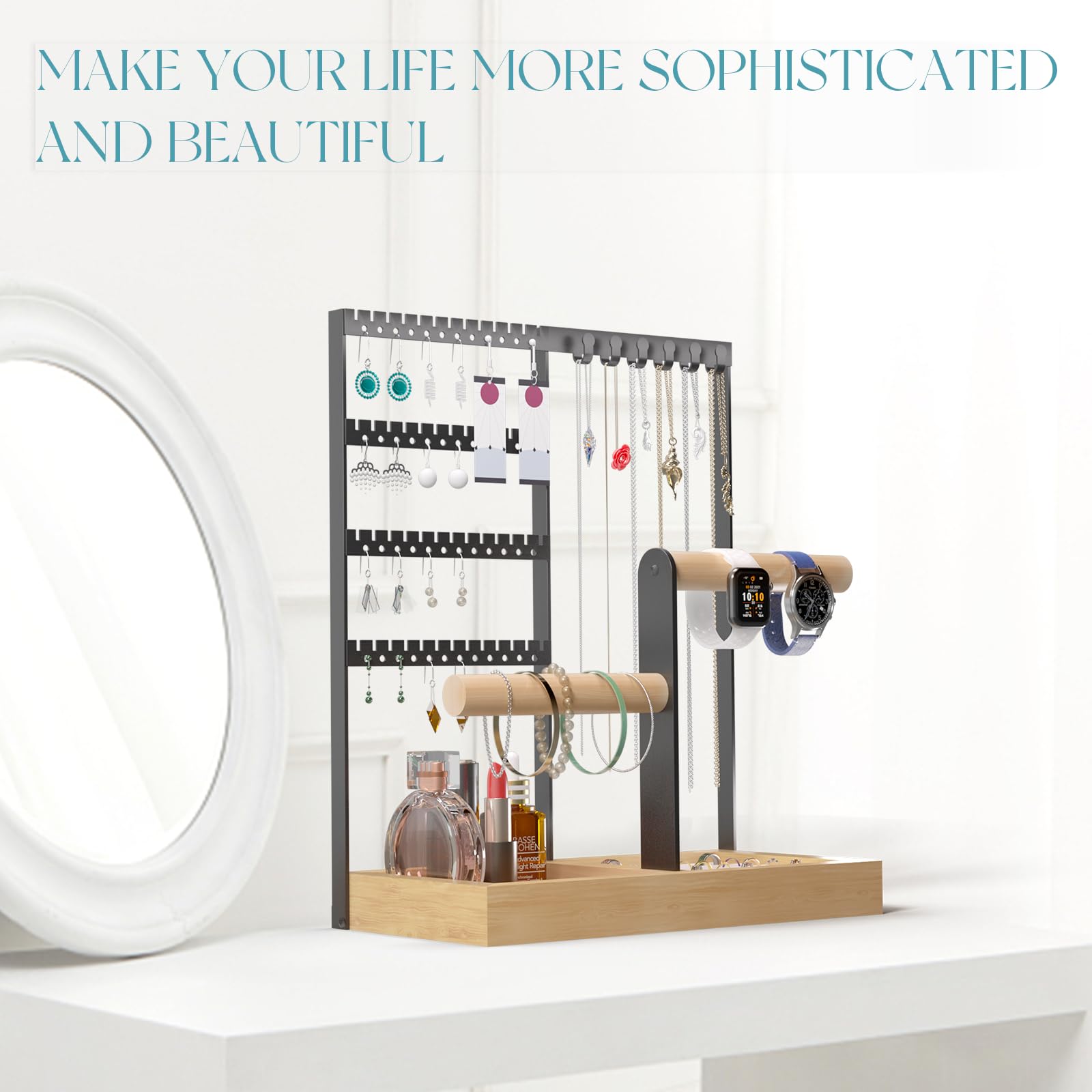 MINICLOSS Présentoir à bijoux, support à colliers et boucles d'oreilles, support à bijoux amovible à double axe (doré) - 5