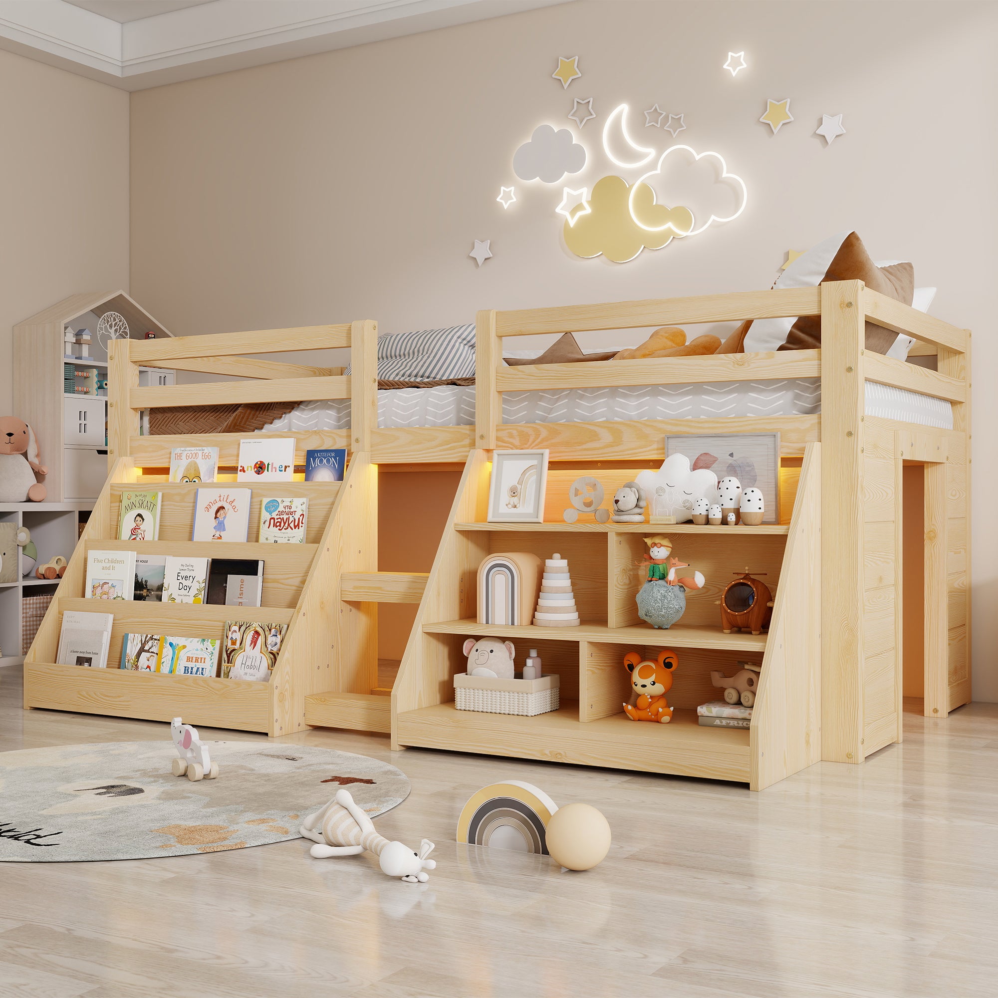 Łóżko dziecięce średniej wysokości 90 x 200 cm z półkami i barierką - Sosna + MDF + sklejka - Diody LED - Naturalne (Materac nie jest wliczony w cenę)