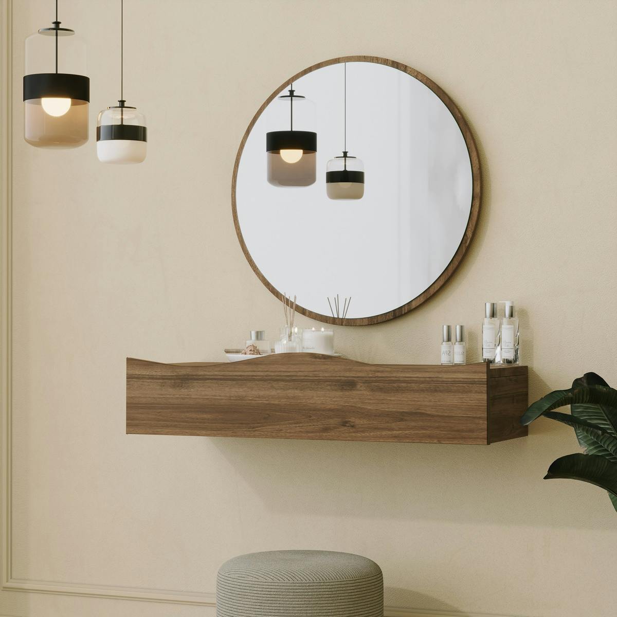 Coiffeuse murale effet bois foncé avec miroir, 2 tiroirs MARFA | Leroy ...