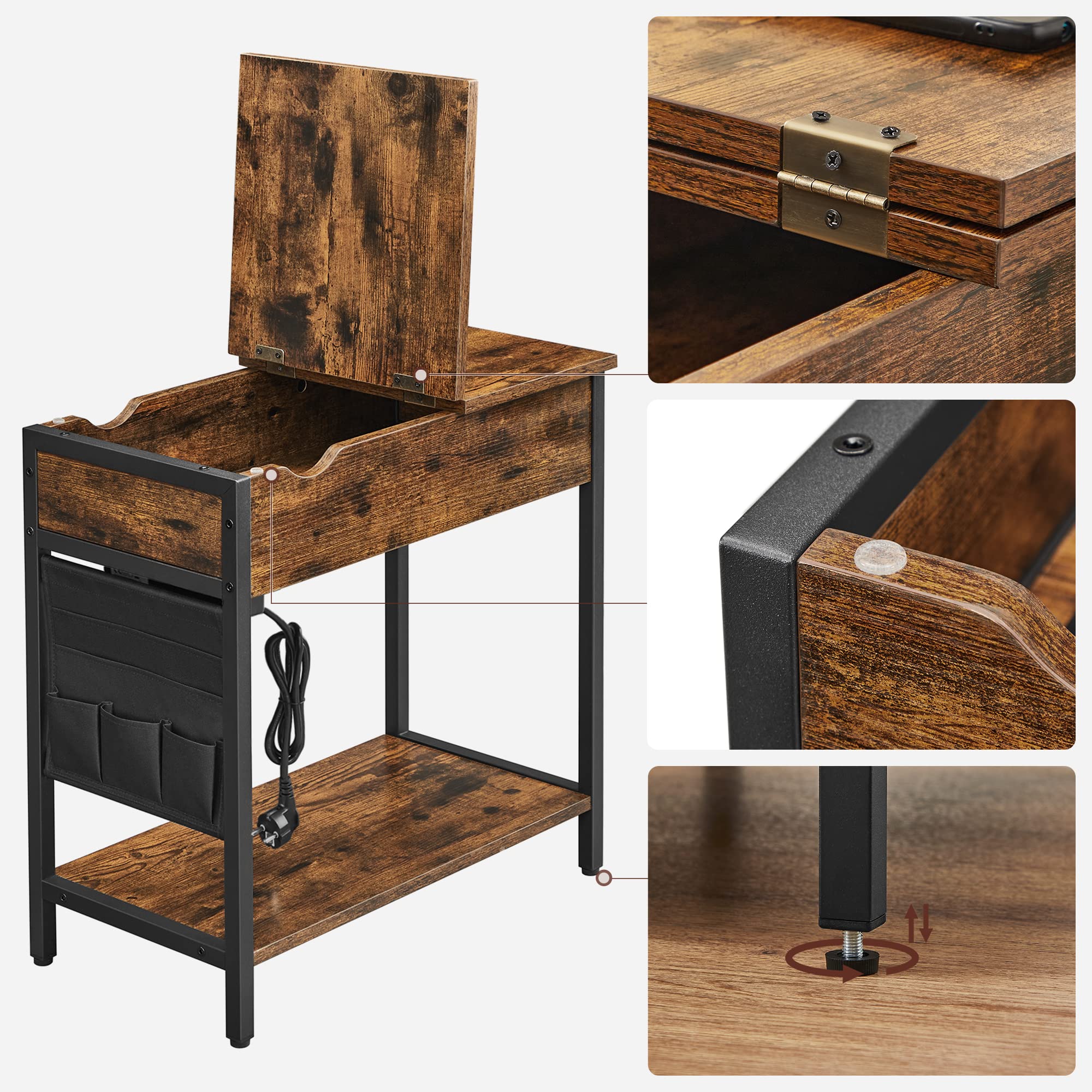 Bout De Canapé, Dessus Rabattable, Pochette En Tissu, Marron Rustique Et Noir - 6