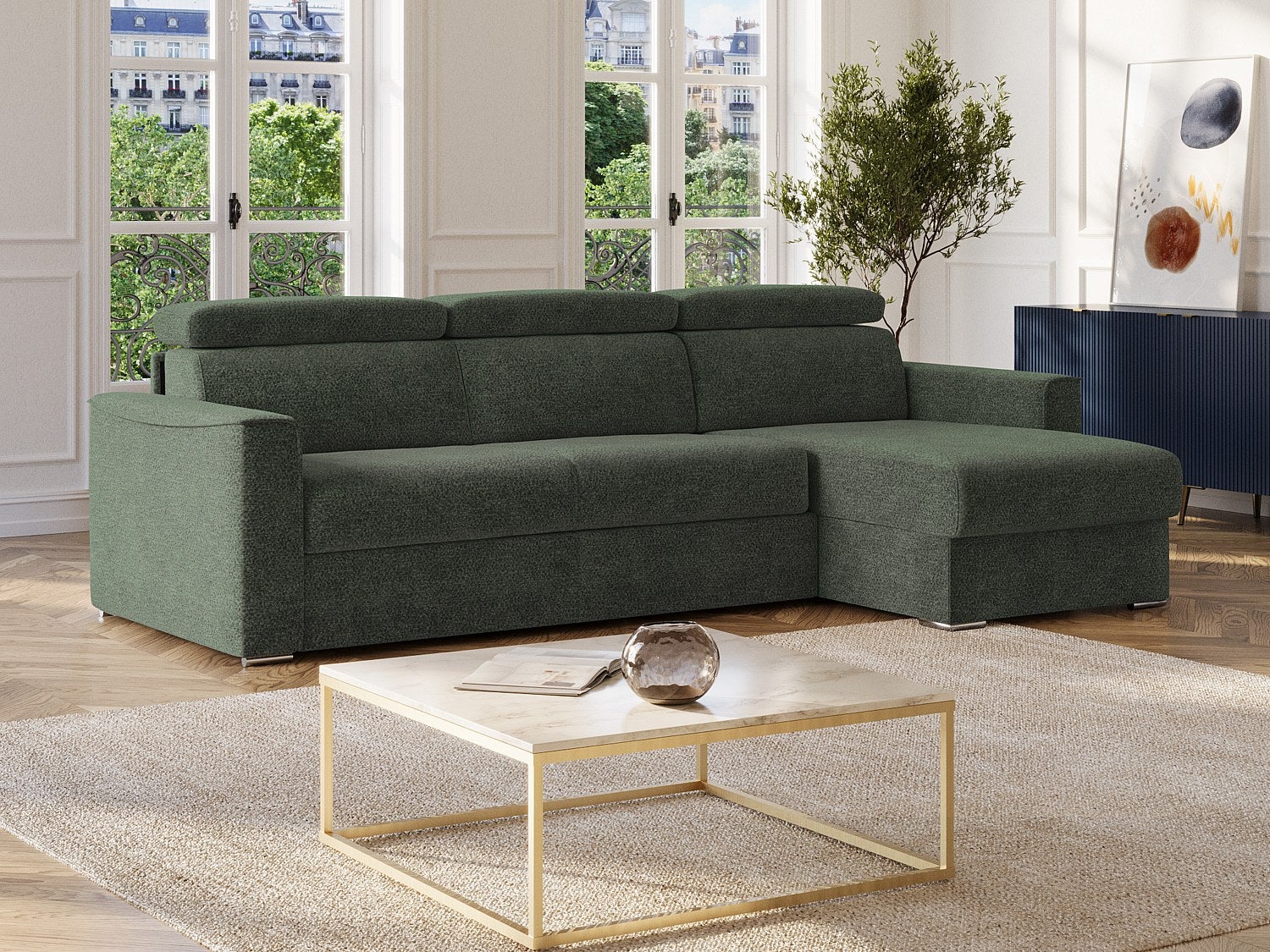Kanapa narożna dwustronna rozkładana w tkaninie typu szenil w zielonym kolorze – Powierzchnia spania 160 cm – Materac 22 cm z pianki memory VIZIR.
