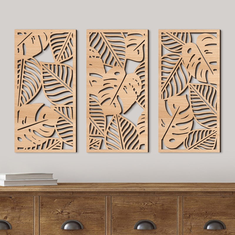 3 Pièces Sculpture Murale en Bois Naturel - Décor Mural Tropical Feuille de Monstera Style Boho Chic - Art Mural Moderne & Léger pour Salon, Chambre - 3