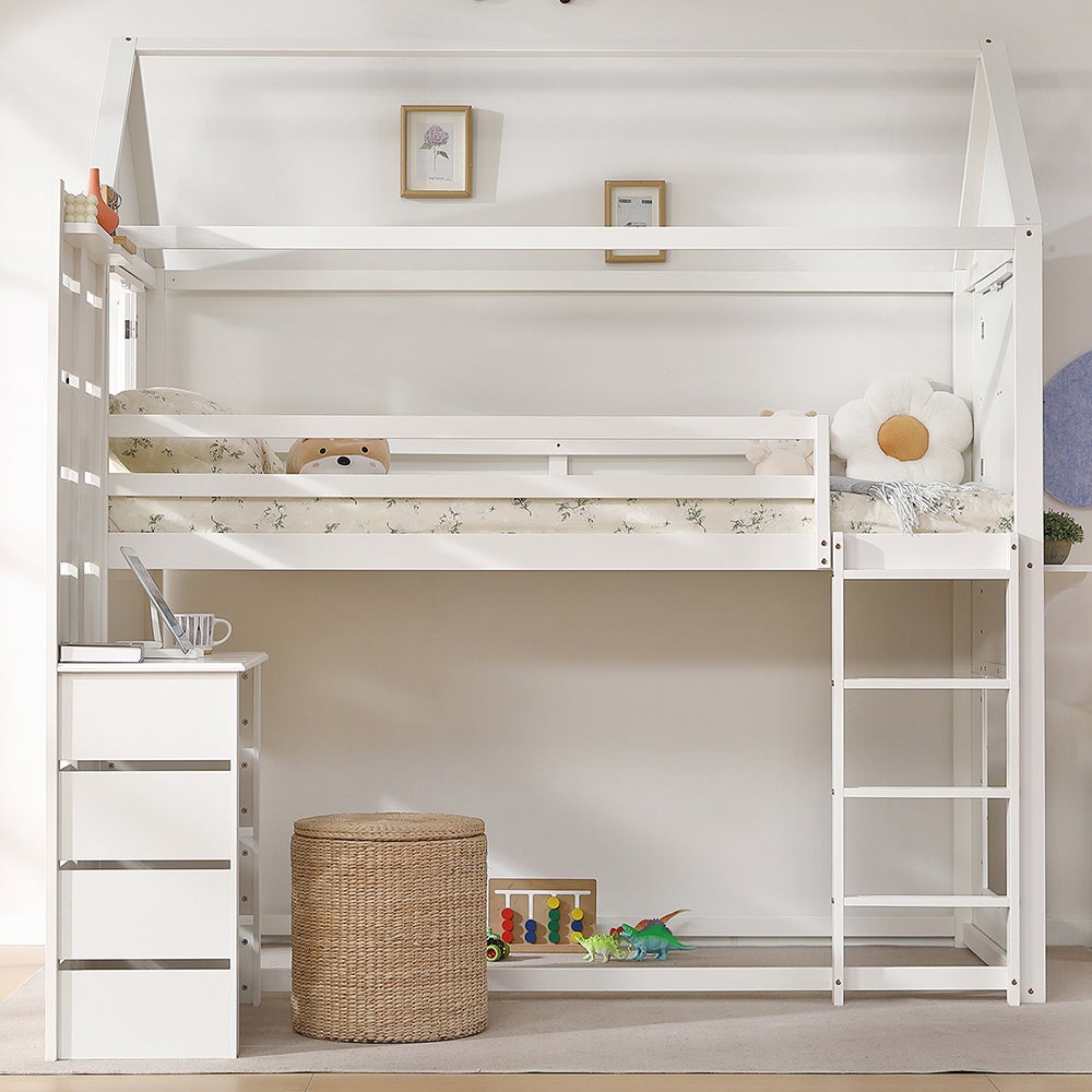 Lit Mezzanine 90x200 Avec Lit Gigogne Lit Superposé Avec Fonction Gigogne, Deux Tiroirs, Sommier à Lattes, Protection Contre Les Chutes, Transformable En Trois Lits Simples, Bois Massif En Blanc