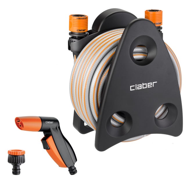 Claber Mini-set Utility, portamanguera con manguera de jardín, conectores y pistola rociadora con doble chorro